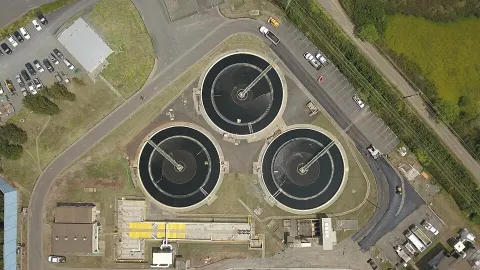 Treatment plant clarifiers, aerial view (representative image)